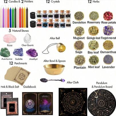 Juego de 64 botellas de deseos de cristal natural, kit de inicio de brujería: suministros y herramientas wiccanas para principiantes - juego de altar de bruja