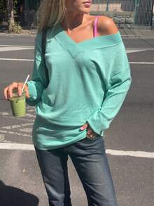 FOR BEAUTY Women's Mint Green Y2K Loose Cold Shoulder V-Neck Long Sleeve Knit Sweater, Suitable For Outings, Parties And Campus Fall - Light Blue - View 4