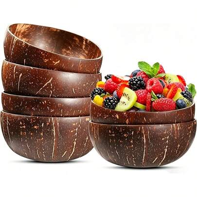 INNOVATIVE LIFE Coconut Shell Bowls Polished Wooden Bowl -6 PCS,Natural Smoothie Acai Bowls Salad Bowl For Vegan Gifts Kitchen Decor
