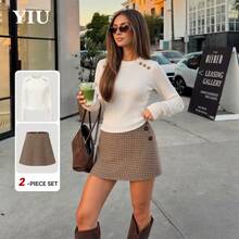 YIU Women's Houndstooth A-Line Mini Skirt, Casual Elegant Style, Non-Stretch Fabric - Apricot - View 3