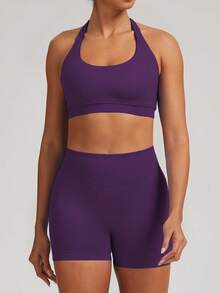 Women's Seamless Camisole Training 2-Piece Set, High Elasticity Fitness Wear, Sports Bra With Removable Built-In Padding + High Waist Bike Shorts, Suitable For Fitness Training - Purple - View 8