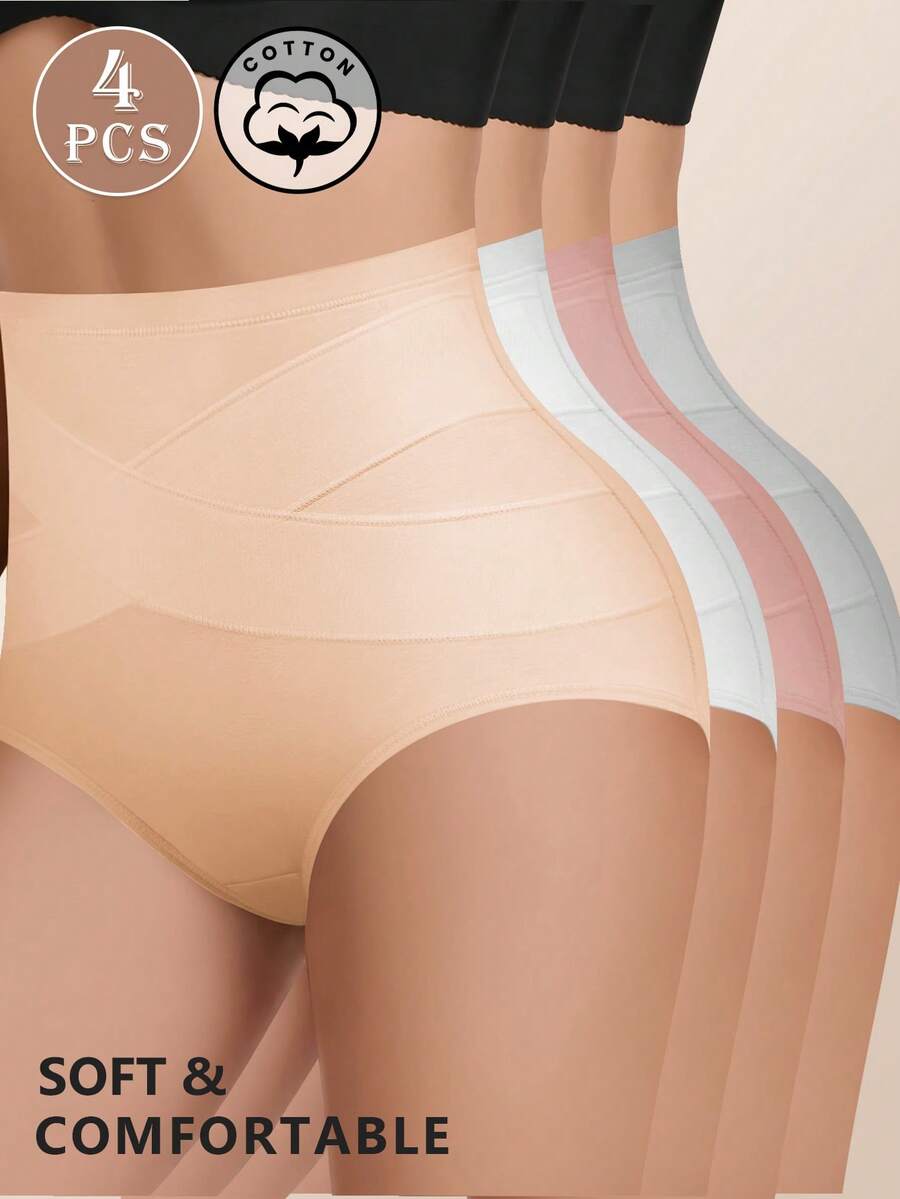 MEIYATING 4件組女款中高腰棉質內褲，提臀三角內褲，交叉設計，貼身舒適