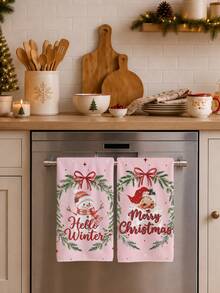 2PCS Kitchen Towels, Christmas Theme Pink Snowman & Santa Claus Pattern Dish Cloths, Minimalist Style 40*60cm Rectangular Microfiber Cleaning Kitchen Towels, Perfect For Kitchen, Dining Room And Bathroom Use, Christmas Kitchen Decor, Home Decor, Neighbor Housewarming Gift, Dish Cloths - Pink - View 2