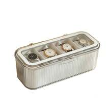 1pc 4-Slot Watch Storage Box, Dust-Proof Transparent Visible Space-Saving Anti-Scratch Premium Thickened PET Plastic Watch Display Organizer Box, Minimalist Modern Transparent Lid White Vertical Stripe Rectangular Hinge Flip Cover Removable Dividers Watch Bracelet Jewelry Storage Display Protection Box, Vanity Bedroom Daily Use Birthday Housewarming Father's Day Gift - Multicolor - View 9