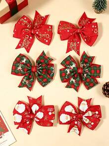 3pcs Christmas Series Reindeer & Santa Claus Print Ribbon Hexagonal Knot Bow Hair Clips, Suitable For Daily, Holiday And Party Use - Multicolor - View 3