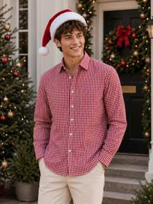 Men's Cotton Long Sleeve Shirt, Casual Business Holiday Plaid Commuter Shirt - Red - View 3