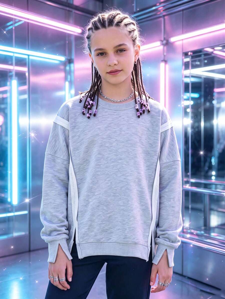 Tween Girl Spring/Autumn Solid Color Minimalist Loose Long Sleeve Sports Sweatshirt - Grey - View 1