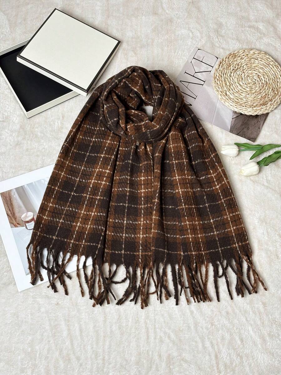 1pc Women's Autumn/Winter Shawl Scarf, Color Block Plaid With Tassels - Bitter Almond - View 1