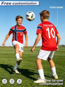 [Customized]Personalized Name Customization Celebrity Style #10 Number 2pcs Boys Girls Casual Soccer Uniform Set -Round Neck-Short Sleeve And Shorts Set- Polyester, Back To School Season Suitable For -Sports -Training And Casual Wear, Outdoor Perfect Choice - Red - View 6