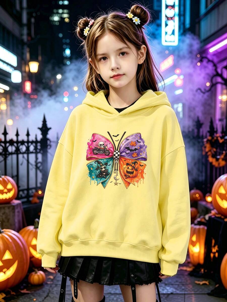 1pc Girls Yellow Halloween Hoodie With Colorful Four-Square Bow Halloween Pattern, Party Girls Long Sleeve Pullover Sweatshirt - Holiday Gift - Yellow - View 1