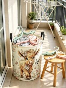 Cute Highland Cow Floral Print Laundry Hamper, Collapsible Large‑Capacity Storage Basket With Handles, Clothes Storage, Unisex, Essential For Daily Home And Dorm Use - Multicolor - View 3