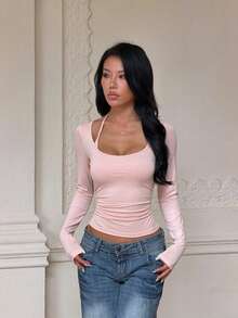 Women's Solid Color Long Sleeve Fitted 2 In 1 Halter Neck T-Shirt - Pink - View 1