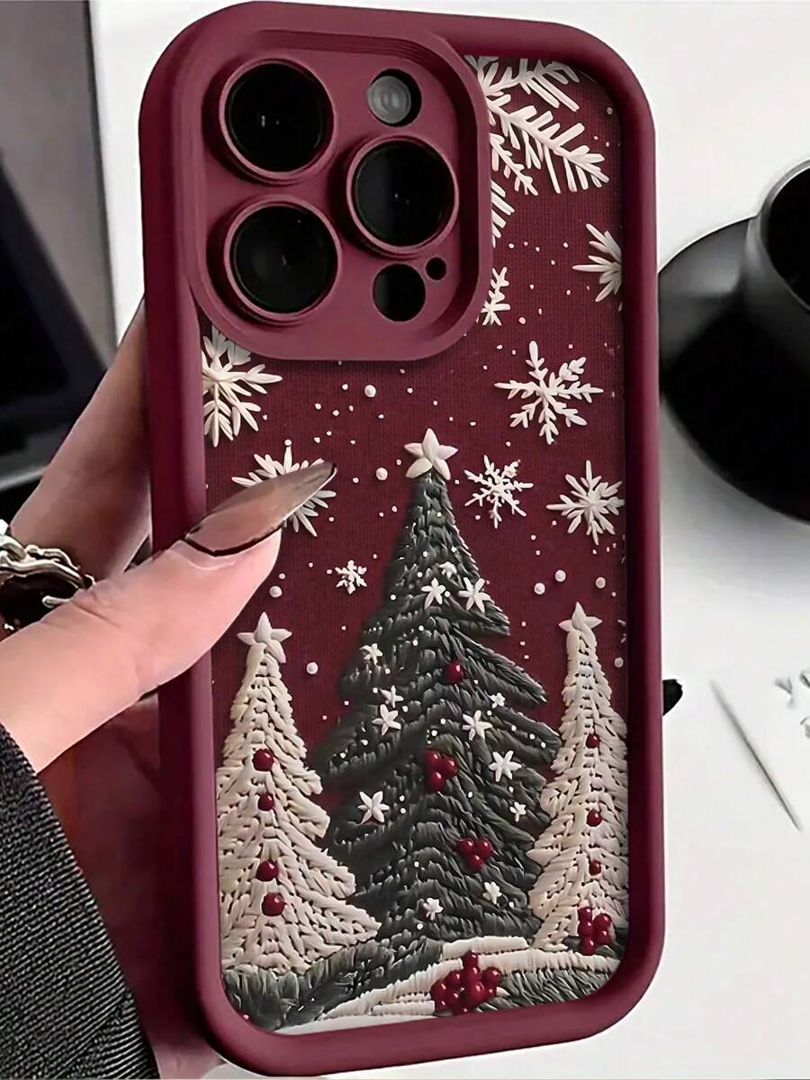 Burgundy Cute Christmas Tree & Snowflake Shockproof Phone Case, Autumn/Winter Atmosphere Versatile Protective Shell, Compatible With Apple 18Pro/18Pro Max/17/17 Pro/17 Pro Max/16/16 Pro/16 Plus/16 Pro Max/15/15 Pro/15 Plus/14/14 Pro/14 Pro Max/13/13 Pro/13 Pro Max/12/12 Pro/12 Pro Max/11/XR/7/8, Christmas Birthday Back To School Season Gift Phone Accessory - Burgundy - View 1