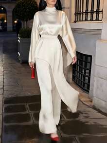 Women's Elegant Commute Stand Collar Long Sleeve Asymmetrical Pullover Top + Loose Wide Leg Pants Long Two Pieces Set, Solid Color Satin Outfit With Zipper, Belt, Tie, Pockets, Asymmetrical Design, Suitable For Commute, Daily Wear, Dating - Apricot - View 4