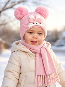 2pcs Baby Autumn/Winter Gift Set, Cute Squinting Rabbit Double Pom Pom Knitted Beanie & Matching Color Scarf Set, Suitable For Baby Girls Daily Wear And Warmth In Autumn/Winter - Multicolor - View 5