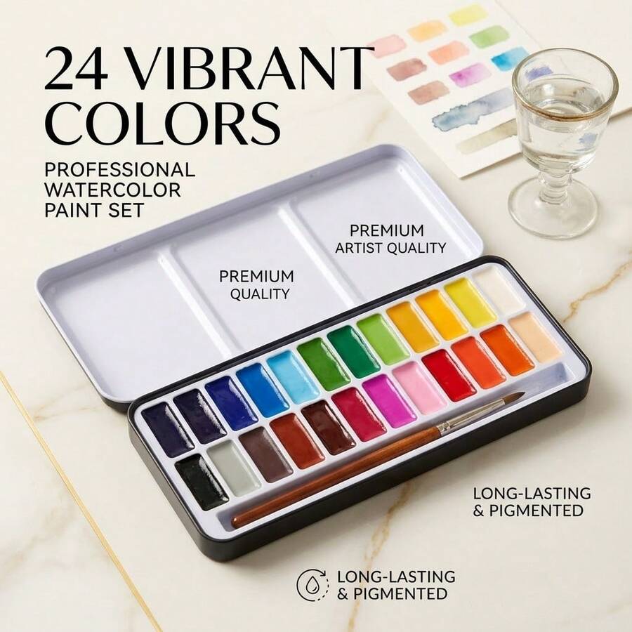 24 Colors Solid Watercolor Paint Set With Brush & Mixing Palette - Professional Portable Painting Kit For Artists, Beginners & Students