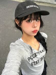 女款復古做舊印字字母長袖灰色圓領正肩上衣 - 灰色 - 查看 6