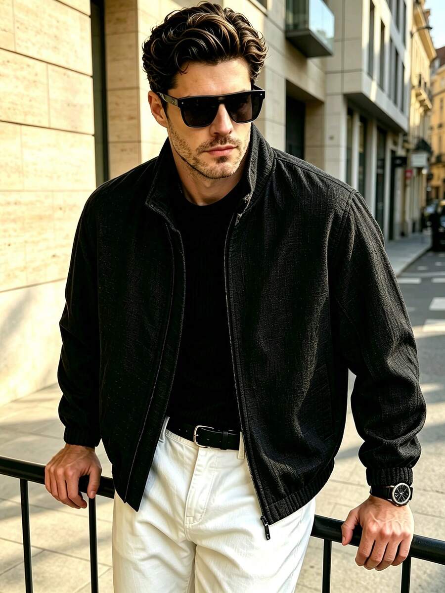 Men's Minimalist Stand Collar Jacket, Autumn/Winter - Black - View 1