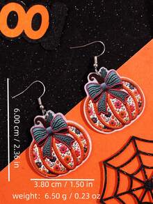 1 Pair Personalized Sweet & Cool Halloween Earrings, Woven Floral Bow Pumpkin Print Acrylic Dangle Earrings, Eye-Catching Quirky Everyday Women's Accessories - Multicolor - View 5