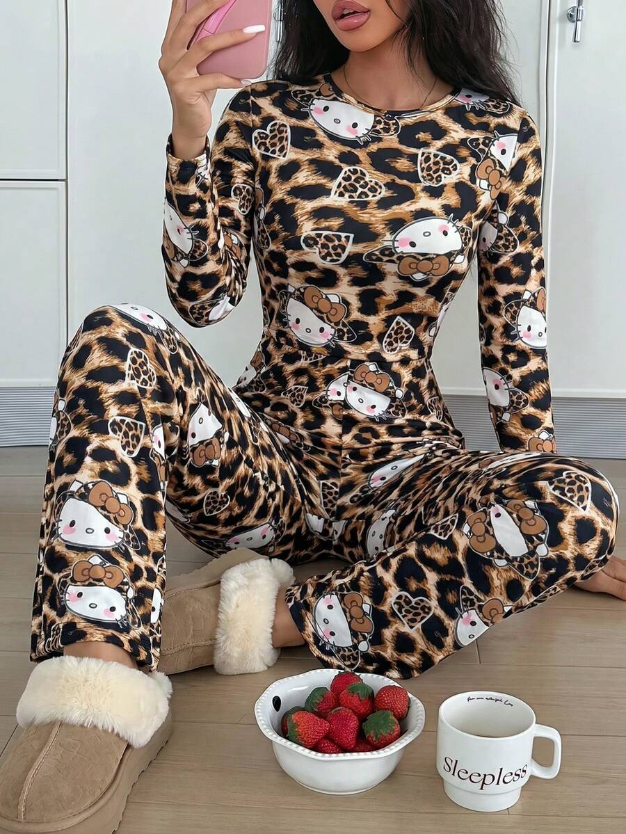 SANRIO Cute Pattern All-Over Print Home Set, Long Sleeve Crew Neck Cropped Top With High Waist Wide Leg Pajama Pants, Elastic Comfortable Fabric, Personalized Cartoon Print, Daily Home Wear, Fashion Loose Pajama Set For Girls - Multicolor - View 1