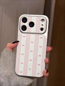 1pc New Minimalist Ins Style Pink & White Striped With Pink Bow & Polka Dot Pattern Phone Case, Large Window, Metallic Paint, Premium Texture Faux Leather PU Leather, Shockproof Protective Shell Compatible With IPhone 17/17Pro/17ProMax/16/16Pro/16ProMax/16Plus/15/15Plus/15Pro/15ProMax/14/14Pro/14ProMax/13/13Pro/13ProMax/12/12Pro/12ProMax/11/11ProMax/XR/XS/XSMAX, Anti-Shock Anti-Collision Protective Soft Case - Multicolor - View 2
