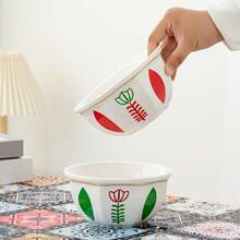 Ceramic Tulip/Palm Tree Pattern Salad Bowl, Suitable For Yogurt Bowl/Chocolate Bowl, Ideal For Daily Use, Parties, Entertaining Guests And Afternoon Tea. Vintage Tableware, Suitable For Home And Restaurant Use - Multicolor - View 7