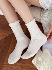 5 Pairs Women's Mid-Calf Socks, Cream White Embossed Floral Cable Knit Frill Trim Socks, Sweet Lolita Style Girls Socks - White - View 4