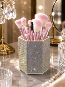 1pc Rhinestone Hexagonal Makeup Brush Holder, Large Capacity, Colorful Rhinestone Inlaid Surface, Hexagonal Column Design, Beauty Tool Storage Box, Suitable For Bedroom Vanity, Makeup Table And Other Scenes - Multicolor - View 3