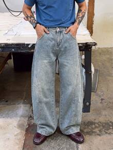 Fashion Men's Light Blue Vintage Baggy Jeans, Wide Leg Casual Pants, Distressed Washed Street Style Long Pants Suitable For Daily Wear - Light Wash - View 1