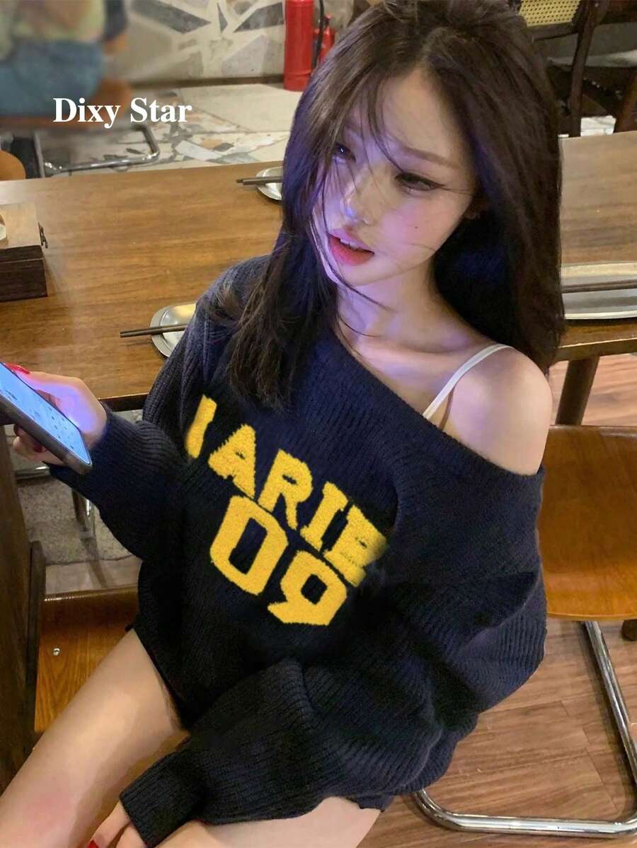 美式復古慵懶性感露肩女款毛衣 秋冬寬鬆針織上衣