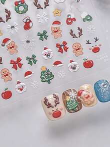 1 Sheet Sparkly Crystal Rhinestone Christmas Nail Decals, Raised Embossed Cartoon Santa, Gingerbread, Bow & Snowflake Sticker, No‑Residue Flexible Nail Charms For Winter Holiday Party Nails - Multicolor - View 2
