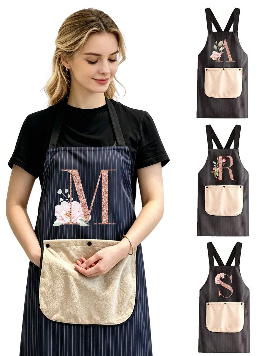 Kitchen Apron Featuring A Detachable Hand Towel, A Design With Letter And Floral Patterns, And Dual Pockets; Durable And Easy To Clean, Making It Ideal For Baking, Cooking, And Use In Both Homes And Restaurants. - Multicolor - View 1