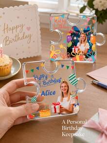 1pc Custom Puzzle‑Shaped Acrylic Photo Plaque, Personalized Photo And Text Desktop Ornament, Happy Birthday Keepsake Tabletop Sign,Unique Gift For Friends Family,Birthday Memories Display - Multicolor - View 5