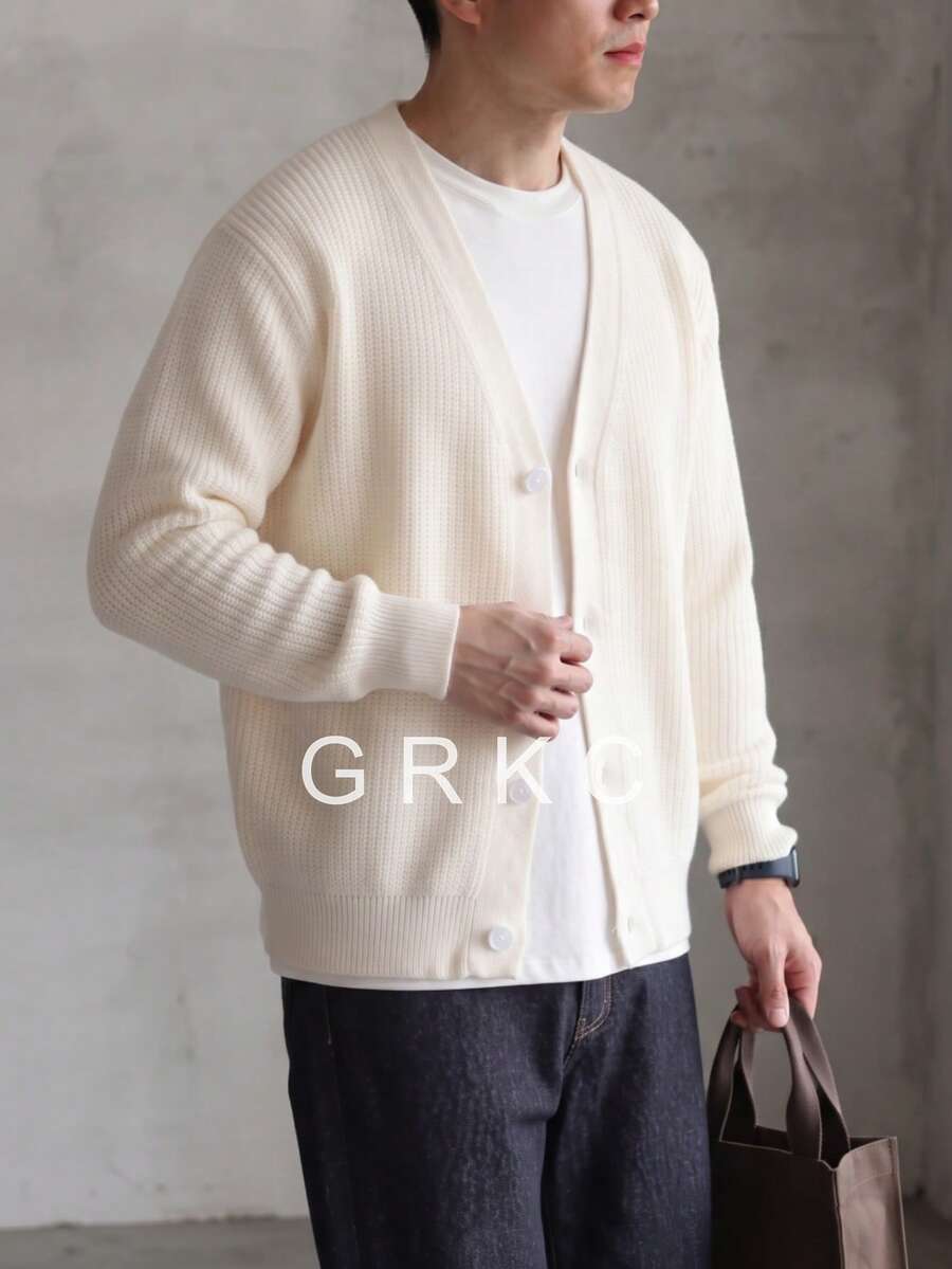 GRKC ANDREILEE Men's Solid Color Minimalist Casual Versatile Fashion Button Cardigan V-Neck Long Sleeve Loose Ribbed Knit Sweater Autumn/Winter Outerwear - Beige - View 1