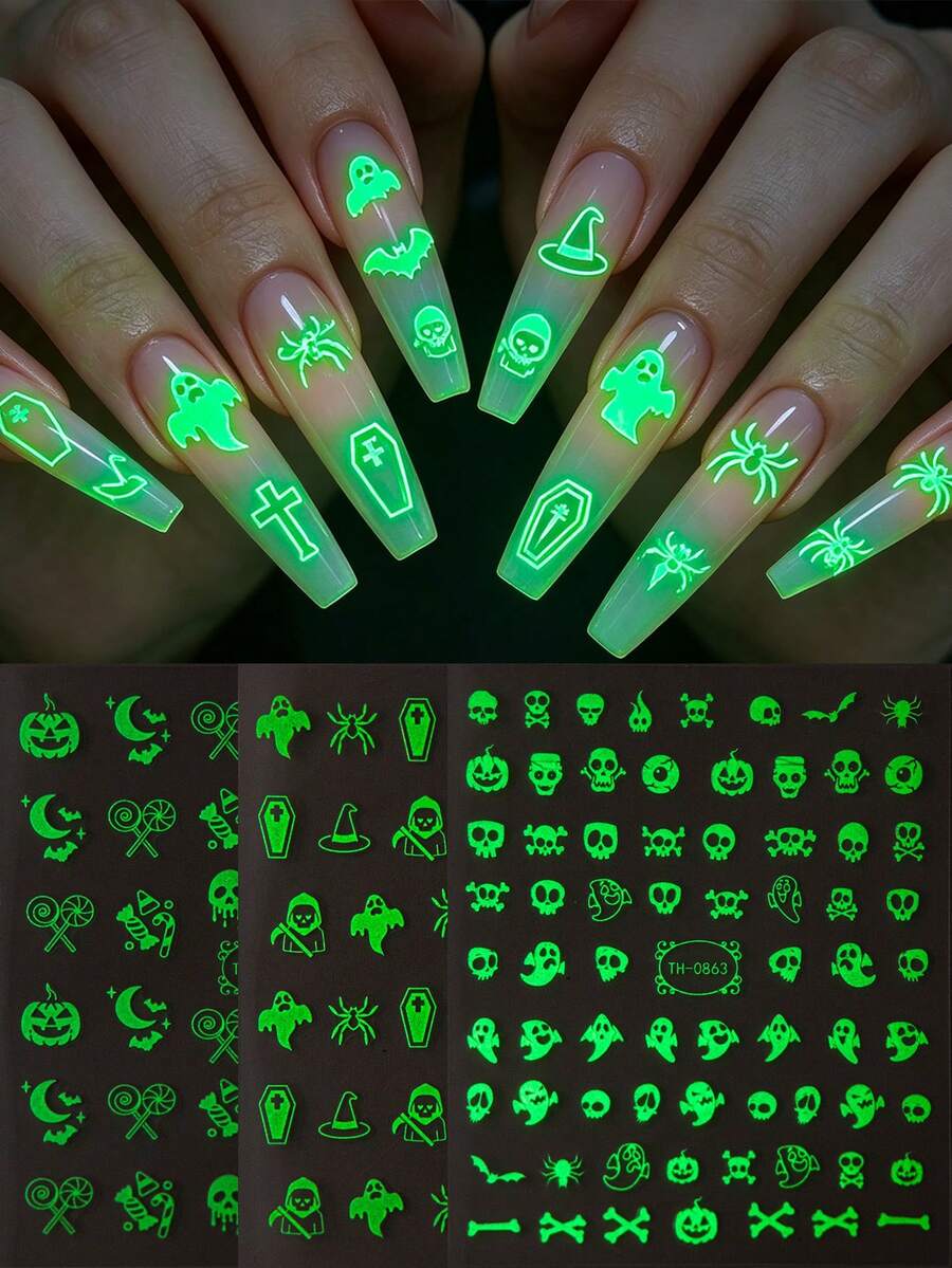 Beauty Sticker 3Pcs Halloween Luminous Nail Sticker, Autumn Ghosts Pumpkins Spiders Glow-In-The-Dark Self-Adhesive Nail Decal, Perfect For Women's Halloween Party And Cosplay DIY Nail Art. - Multicolor - View 1