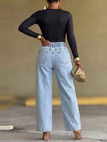 Women's Casual Versatile Denim Jeans With Pockets, Buttons And Faux Pearl Decor - Blue - View 6