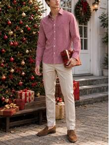 Men's Cotton Long Sleeve Shirt, Casual Business Holiday Plaid Commuter Shirt - Red - View 2