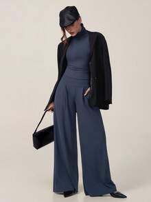 TimeOff Setelan Satu Set Wanita Musim Gugur/Dingin, Warna Polos, Minimalis, Premium, Atasan Leher Tinggi Bertumpuk dengan Kantong Samping dan Celana Panjang Lebar - Navy Blue - View 7