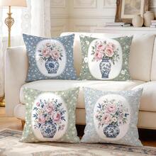 4pcs/1pc Blue And White Porcelain Vase Peony Pattern Pillow Case, Single-Sided Printed Pillow Case, Suitable For Living Room Bedroom Home Decor, All-Season Pillow Case - Multicolor - View 6