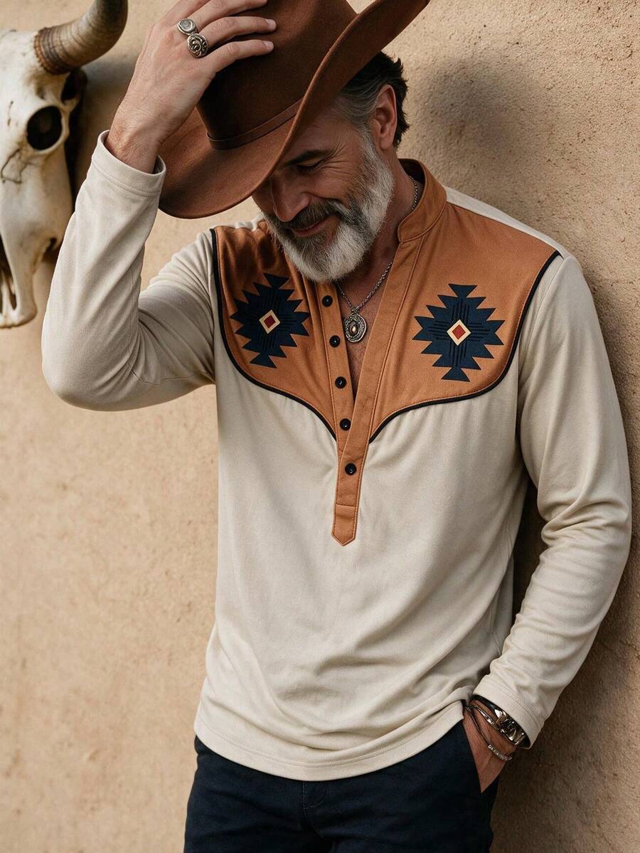 GOLDREDY Vintage Geometrisches Totem Henley-Kragen Langarm Herren Amerikanischer Western Farbblock Patchwork Lässig Basisschicht T-Shirt - Aprikosenfarben - Übersicht 1