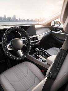 12pcs Shiny Rhinestone Women's Car Interior Decoration Set, Includes 15-Inch Universal Crystal Steering Wheel Cover, Seat Belt Pads, Cup Holder Coasters, Air Vent Decor, Diamond Decorative Rings, Available In Black And White - Style a - View 3