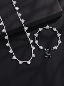 1/2pcs Fashion Copper Plated 18K Gold Heart Splicing Bracelet Necklace Jewelry Set For Women, Suitable For Daily Wear, Personalized Music Festival Jewelry Combination, Perfect For Valentine's Day, Christmas, Birthday, Gift For Girlfriend, Gift For Boyfriend - Silver - View 3