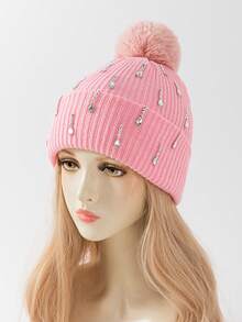1pc Women's Fashion Handmade Rhinestone Raindrop Heavy Embellished Pom Pom Knit Beanie Hat, Suitable For Autumn/Winter Daily Warmth And Travel Outfit - A - View 5