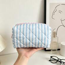 Blue Diamond Grid Stripe Makeup Bag, Handheld Large Capacity Toiletry Bag, Portable Travel Cosmetics Storage Pouch, Stationery Pen Case, Multifunctional Storage Bag, Perfect Holiday Gift - Blue and White - View 1