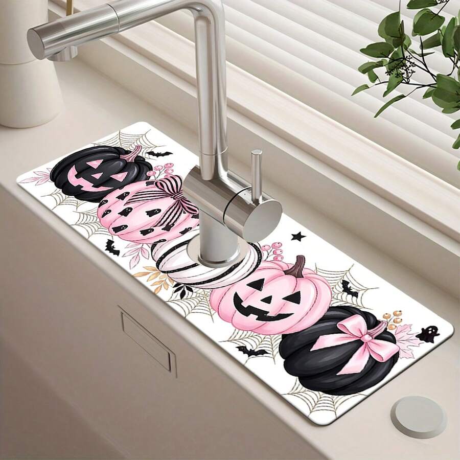 1pc Halloween Pumpkin Pattern, Sink Faucet Absorbent Mat, Drainage Mat, Suitable For Kitchen, Bathroom Sink, Countertop, Drainage Mat, Diatomaceous Earth Material, Trimmable, Quick Drying Mat - Multicolor - View 1