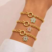 1pc New Fashion Colorful Flowers Spring Buckle Stainless Steel Chain Bracelet For Women - Flowers - View 1