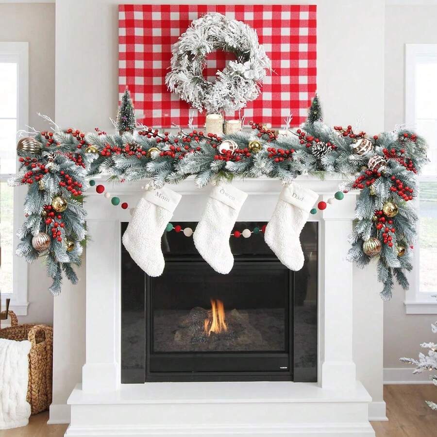 1/20pcs 6ft Artificial Christmas Pine Wreath, Winter Greenery Garland, Suitable For Holiday Season Fireplace Mantel, Table Runner, Centerpiece Decor - White Green - View 1