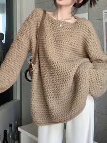 Women's Knitted Sweater Autumn/Winter Sweet Gentle Asymmetrical Shoulder Design Unique Niche Chic Slouchy Exposed Shoulder Top - Khaki - View 3