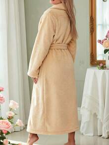 Autumn/Winter Flannel Embroidered Heart Print Long Robe, Sweet Romantic Tie-Waist Bathrobe Homewear For Women - Khaki - View 3