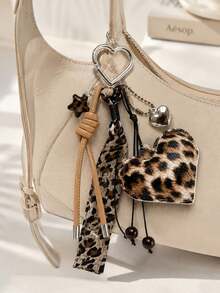 1pc,Leopard Print Heart Bag Charm, Y2K Vintage Keychain With Bow Ribbon, Cute Carabiner Pendant For Handbags, Backpacks & Everyday Accessories - Multicolor - View 3